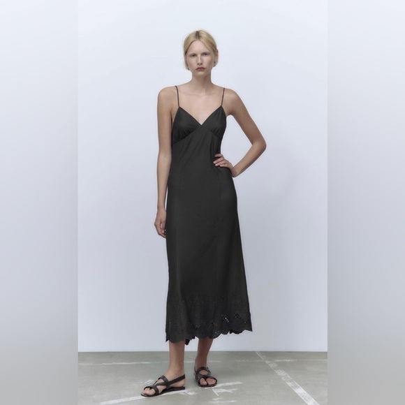 Zara New Women Sexy Bohemian Dark Anthracite Embroidered Slip Dress - Picture 11 of 15